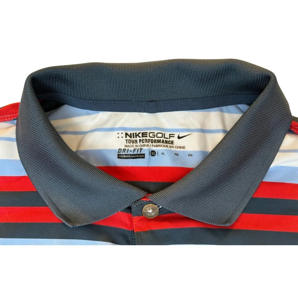 NIKE Golf Polo Shirt Men's Striped Red Blue White Short Sleeve Dri-Fit Casual XL